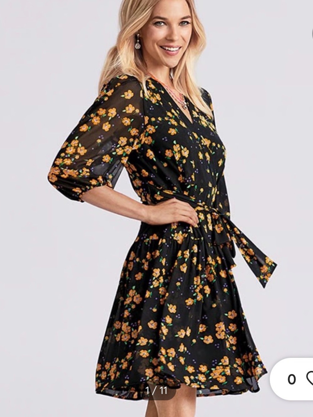 CAbi Black Mini Wrap Dress with Yellow Floral Print